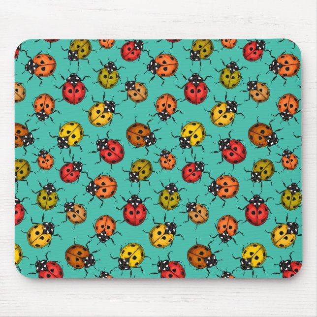 Tapis De Souris Coccinelles colorées sur turquoise (Devant)
