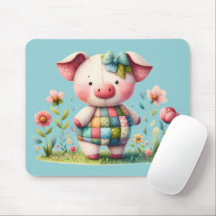Tapis De Souris Cochon Patchwork Fantaisiste dans un Jardin Floral