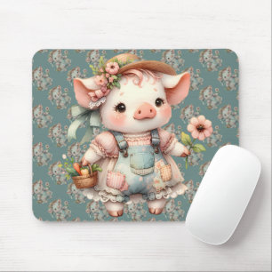 Tapis De Souris Cochonnet Pastel Mignon en Salopette Cottagecore
