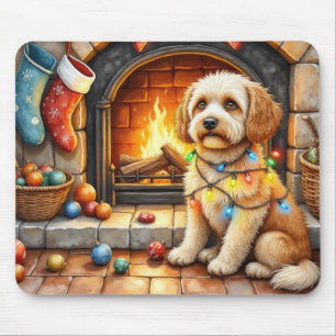 Tapis De Souris Cockapoo assis près de la cheminée avec des lumièr