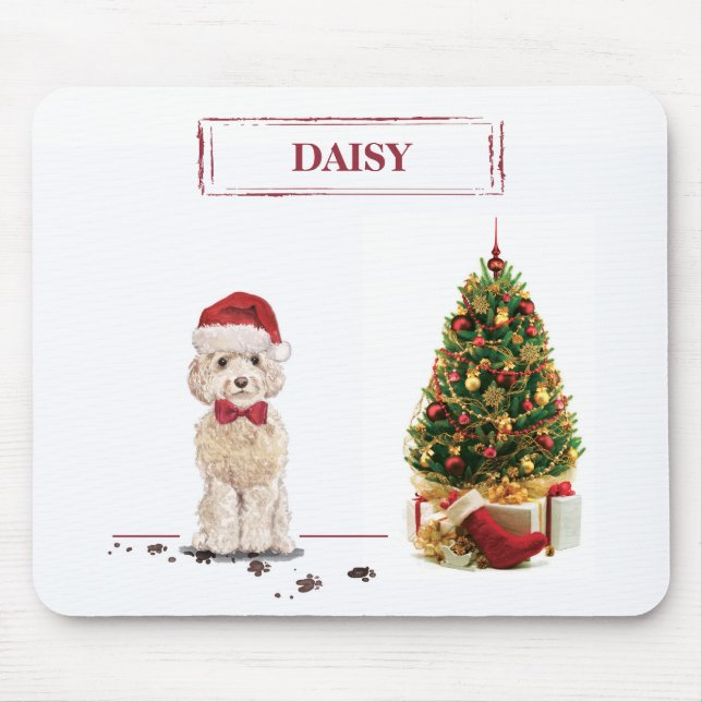 Tapis De Souris Cockapoo Champagne drôle de Noël avec arbre (Devant)