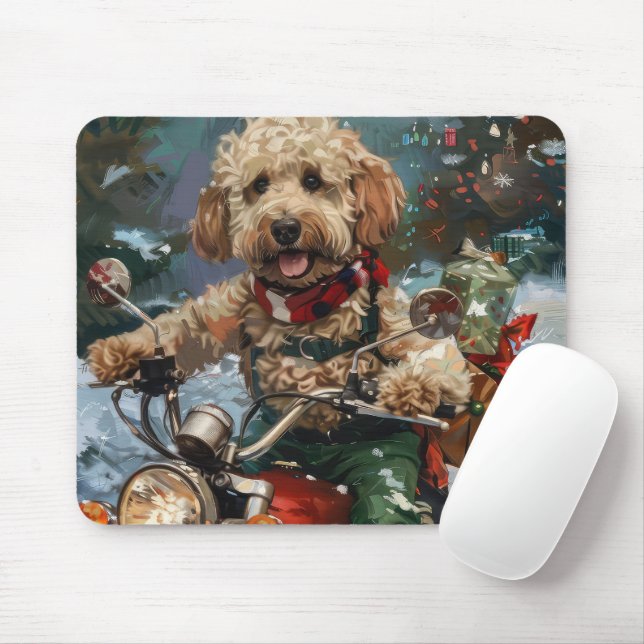 Tapis De Souris Cockapoo Chien chevauchant la moto Noël (Avec souris)