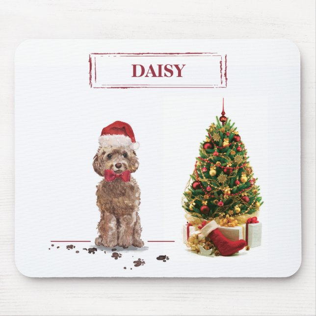 Tapis De Souris Cockapoo Marron Noël Drôle Chien et Arbre (Devant)