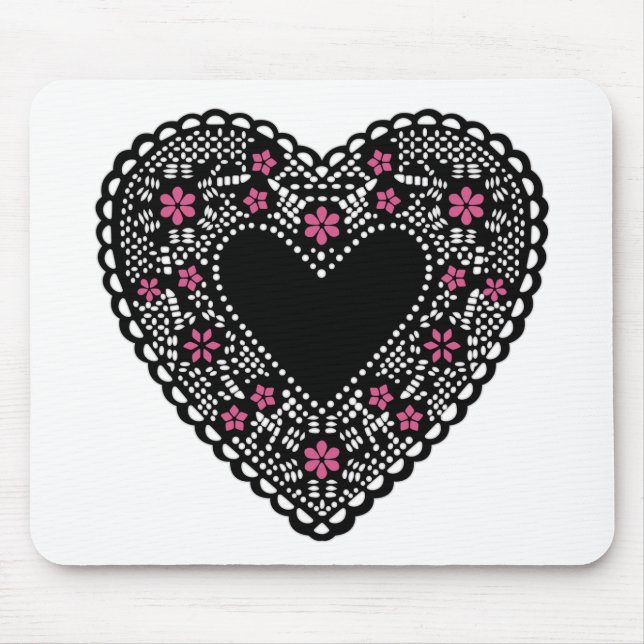 Tapis De Souris Coeur de dentelle noir et rose (Devant)