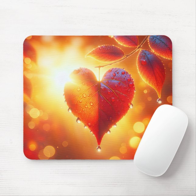 Tapis De Souris Coeur de feuille d'automne brillant (Avec souris)