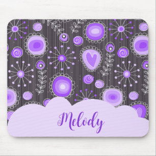 Tapis De Souris Coeur gris violet blanc et nom floral