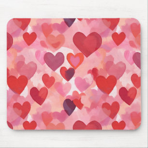 Tapis De Souris Cœurs aquarelle rose et rouge Coquette romantique