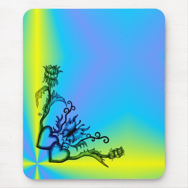 Tapis De Souris Coeurs avec fleurs et papillon en style tatouage (Devant)