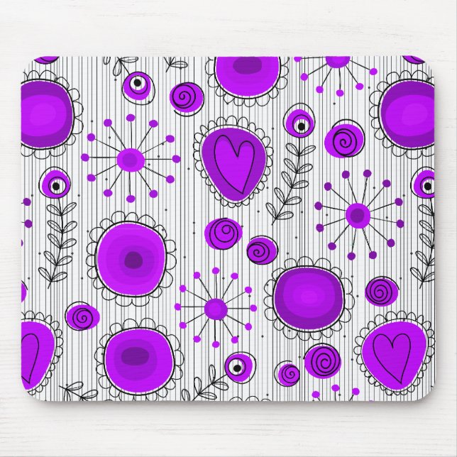 Tapis De Souris Coeurs blancs violet blanc Whimsical et fleurs flo (Devant)