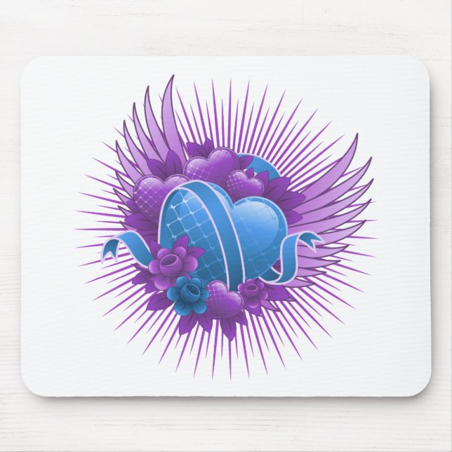 Tapis De Souris Coeurs bleus Roses et ailes (Devant)