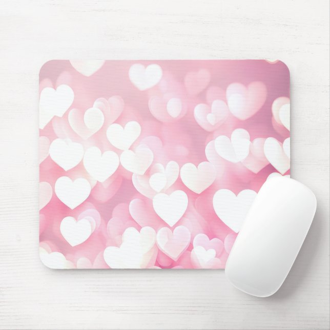 Tapis De Souris Coeurs De Bokeh Rose Et Blanc (Avec souris)
