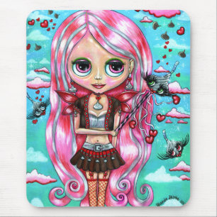 Tapis De Souris Coeurs de cheveux roses et baisers Fée Big Eyes