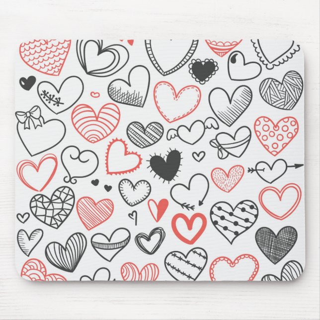 Tapis De Souris Coeurs de doodle Valentine rouge et noir hipster (Devant)
