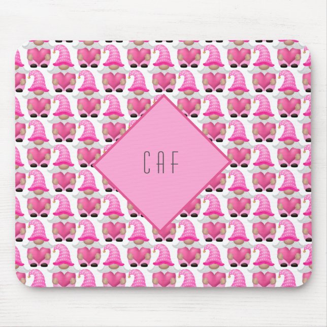 Tapis De Souris Cœurs de gnomes roses monogramme bois mignon (Devant)
