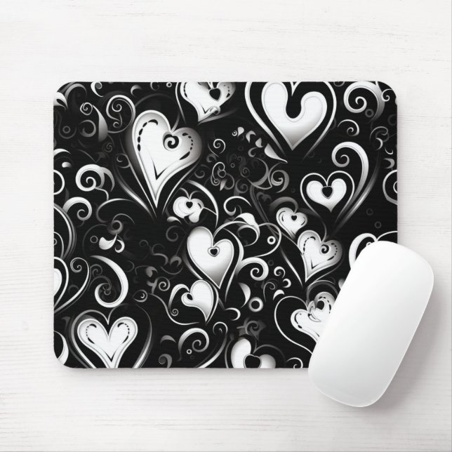 TAPIS DE SOURIS COEURS DE LA SAINT-VALENTIN NOIR GRIS BLANC (Avec souris)