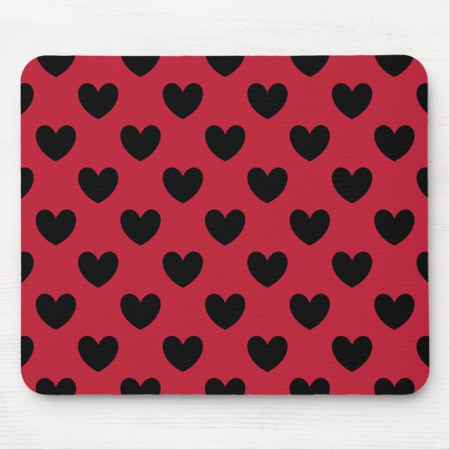 Tapis De Souris Coeurs de polka noir sur rouge (Devant)