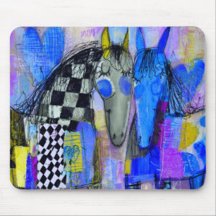 Tapis De Souris Cœurs Enjoués Et Chevaux à Damier