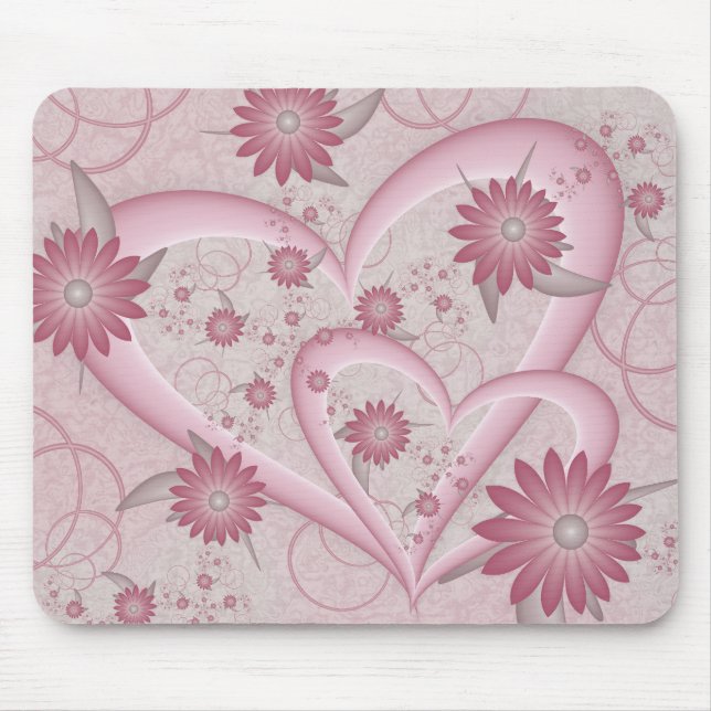 Tapis De Souris Coeurs et fleurs Abstraits roses Aimer l'art fract (Devant)