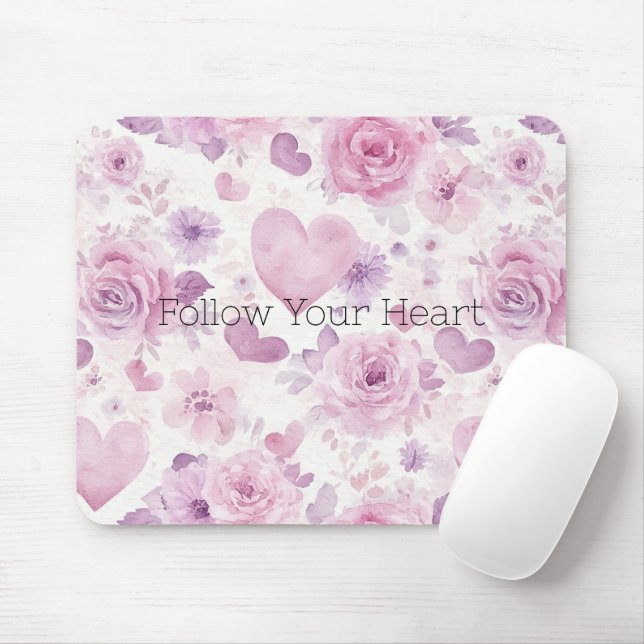Tapis De Souris Cœurs Fleurs Roses Violettes (Avec souris)