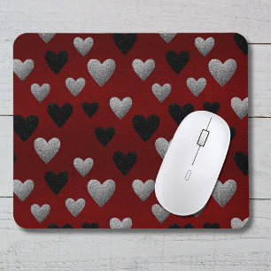 Tapis De Souris Cœurs Pailletés Argent Noir sur Bourgogne pour la