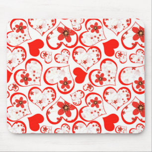 Tapis De Souris Cœurs rouges et fleurs sur fond blanc