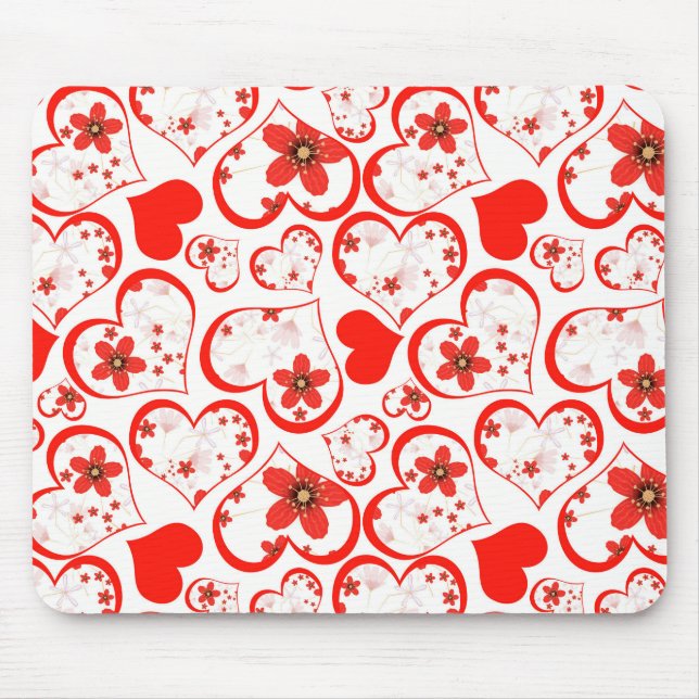 Tapis De Souris Cœurs rouges et fleurs sur fond blanc (Devant)