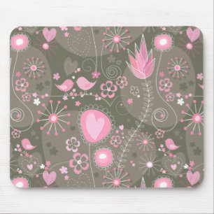 Tapis De Souris Coeurs Whimsical rose et gris, oiseaux et fleurs