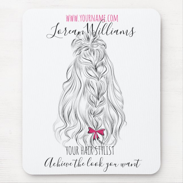 Tapis De Souris Coiffure moderne Noir Blanc Vave Cheveux Rose Bow (Devant)