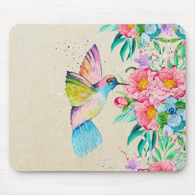 Tapis De Souris Colibri et fleurs d'aquarelle (Devant)