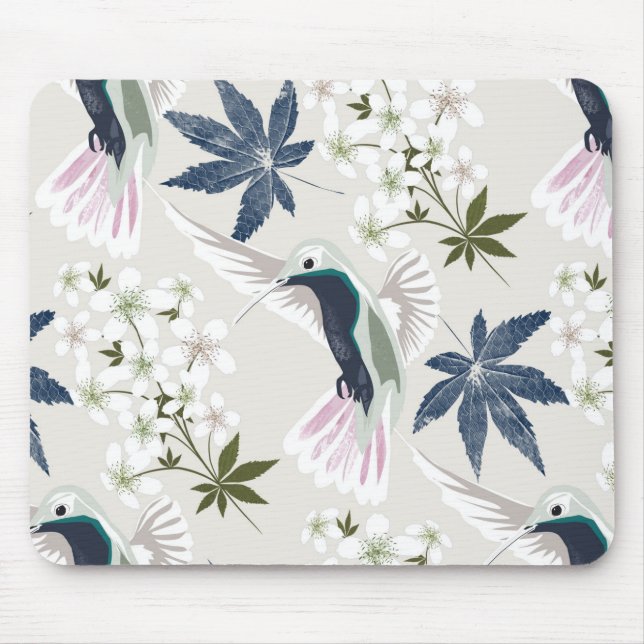 Tapis De Souris Colibris et fleurs blanches. (Devant)