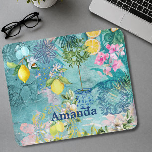 Tapis De Souris Collage chic bleu turquoise sicilien floral citriq