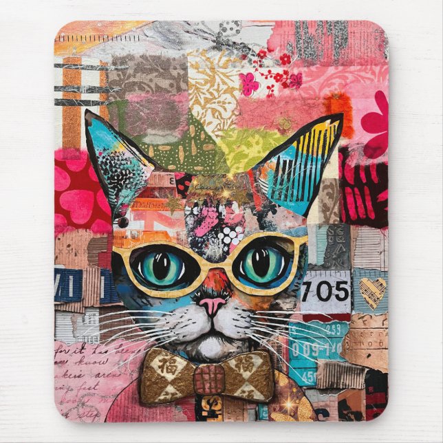 Tapis De Souris Collage de papier mixte chat  (Devant)