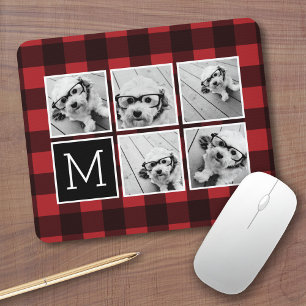 Tapis De Souris Collage de photos - Monogramme rouge noir plaid de