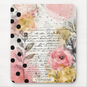 Tapis De Souris Collage floral rose et jaune sur papier antique