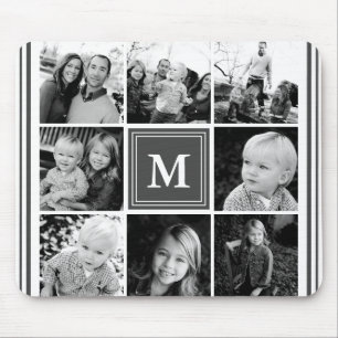 Tapis De Souris Collage photo de famille à monogramme gris