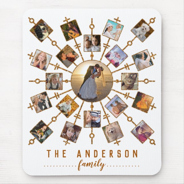 Tapis De Souris Collage Photo Famille 21 Photos Or Blanc + Nom (Devant)