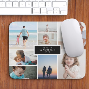 Tapis De Souris Collage photo famille simple et monogramme noir