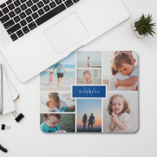 Tapis De Souris Collage photo famille simple & Monogramme bleu