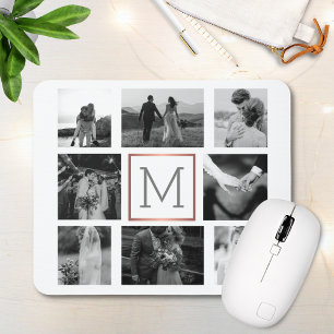 Tapis De Souris Collage photo mariage Monogramme noir et blanc
