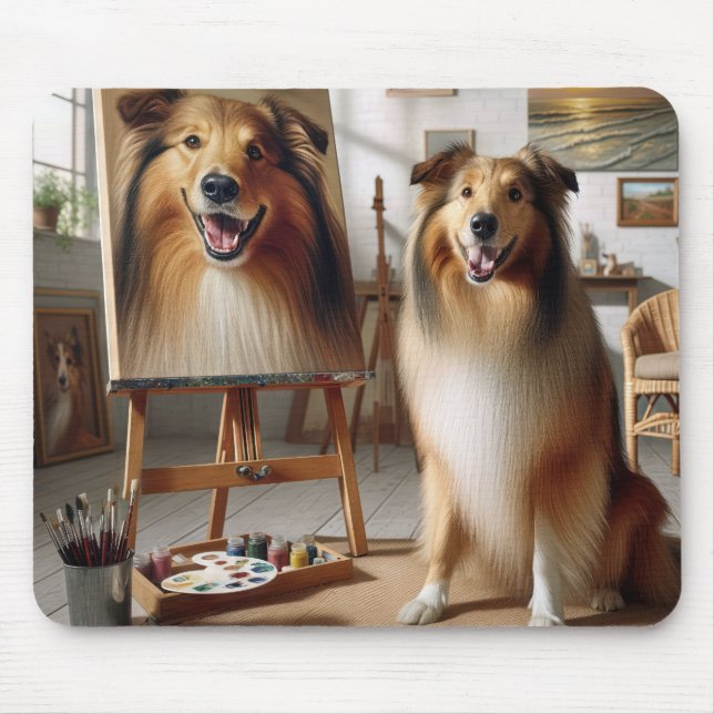 Tapis De Souris Collie Peinture Portrait sur un Easel (Devant)