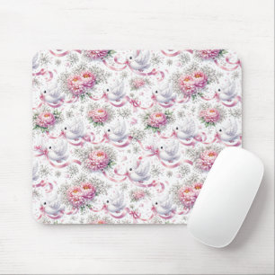 Tapis De Souris Colombes blanches avec pivoines roses et rubans