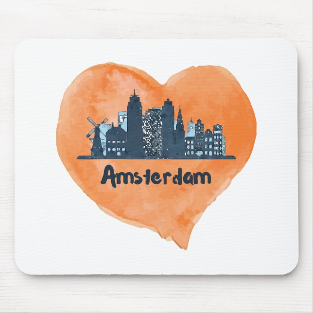 Tapis De Souris Coloré Amsterdam City Skyline Watercolor Heart P (Devant)