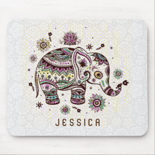 Tapis De Souris Coloris Pastel Retro Eléphant Floral Sur Blanc