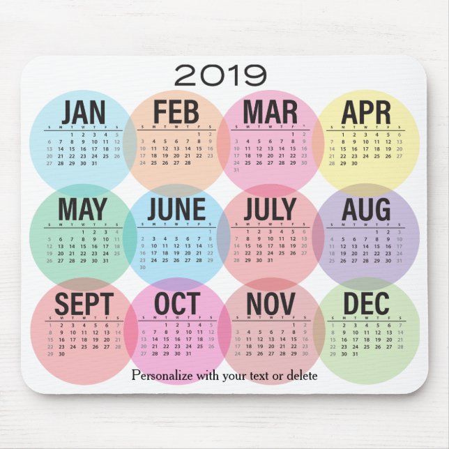 Tapis De Souris Conception colorée de mois de 2019 calendriers (Devant)