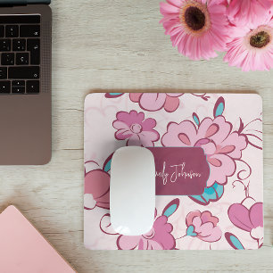 Tapis De Souris Conception de monogramme floral sarcelle rose pâle