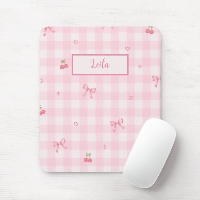 Tapis De Souris Conception de nom de script à nœud cerise en vichy (Avec souris)
