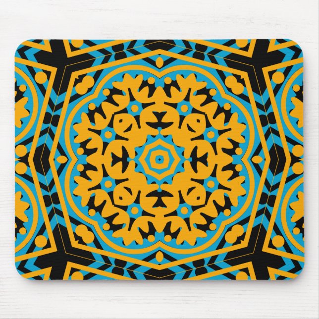 Tapis De Souris Conception Kaléidoscope, Bleu Clair, Or, Noir (Devant)