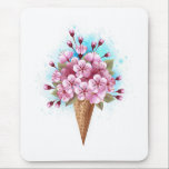 Tapis De Souris Cône rose Sakura crème glacée gaufre<br><div class="desc">Cône gaufre douce avec fleurs de cerisier japonais rose frais sur arrière - plan blanc avec stries d'aquarelle bleue. Cerise japonaise rose.</div>