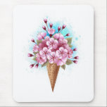 Tapis De Souris Cône rose Sakura crème glacée gaufre<br><div class="desc">Cône gaufre douce avec fleurs de cerisier japonais rose frais sur arrière - plan blanc avec stries d'aquarelle bleue. Cerise japonaise rose.</div>