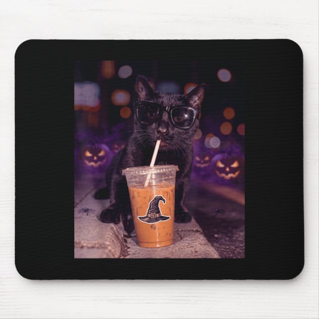 Tapis De Souris Cool black cat drinking iced coffee halloween (Devant)